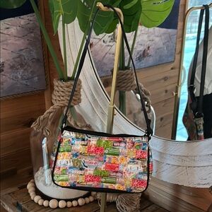 Authentic vintage 1990s surfer-style bag featuring patchwork travel surf print